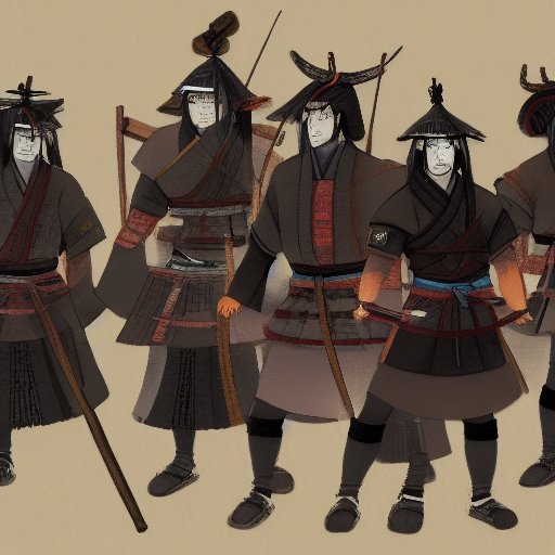 The seven samurais standing in front of the village, looking solemn and determined to defend it.